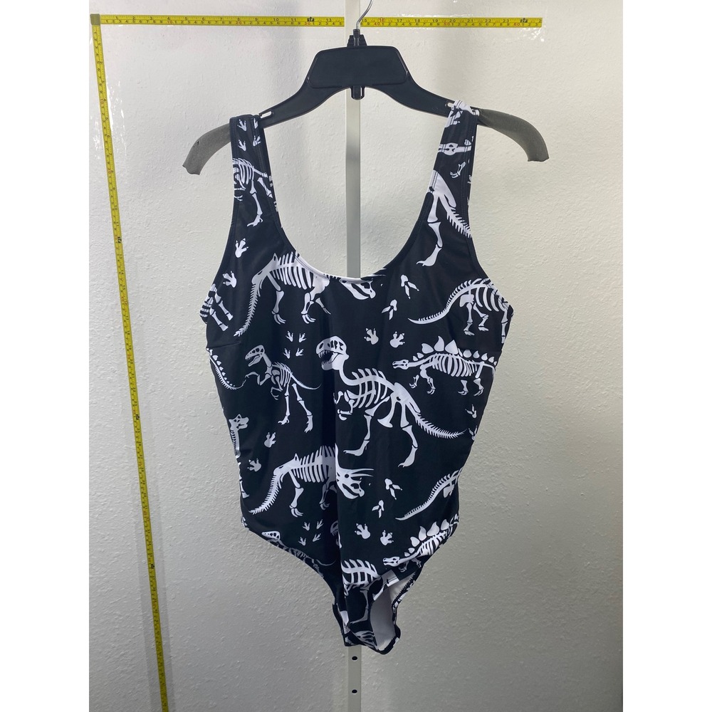 Dinosaur Skeleton Print One Piece Swimsuit Black White Fossil Graphic Swimwear